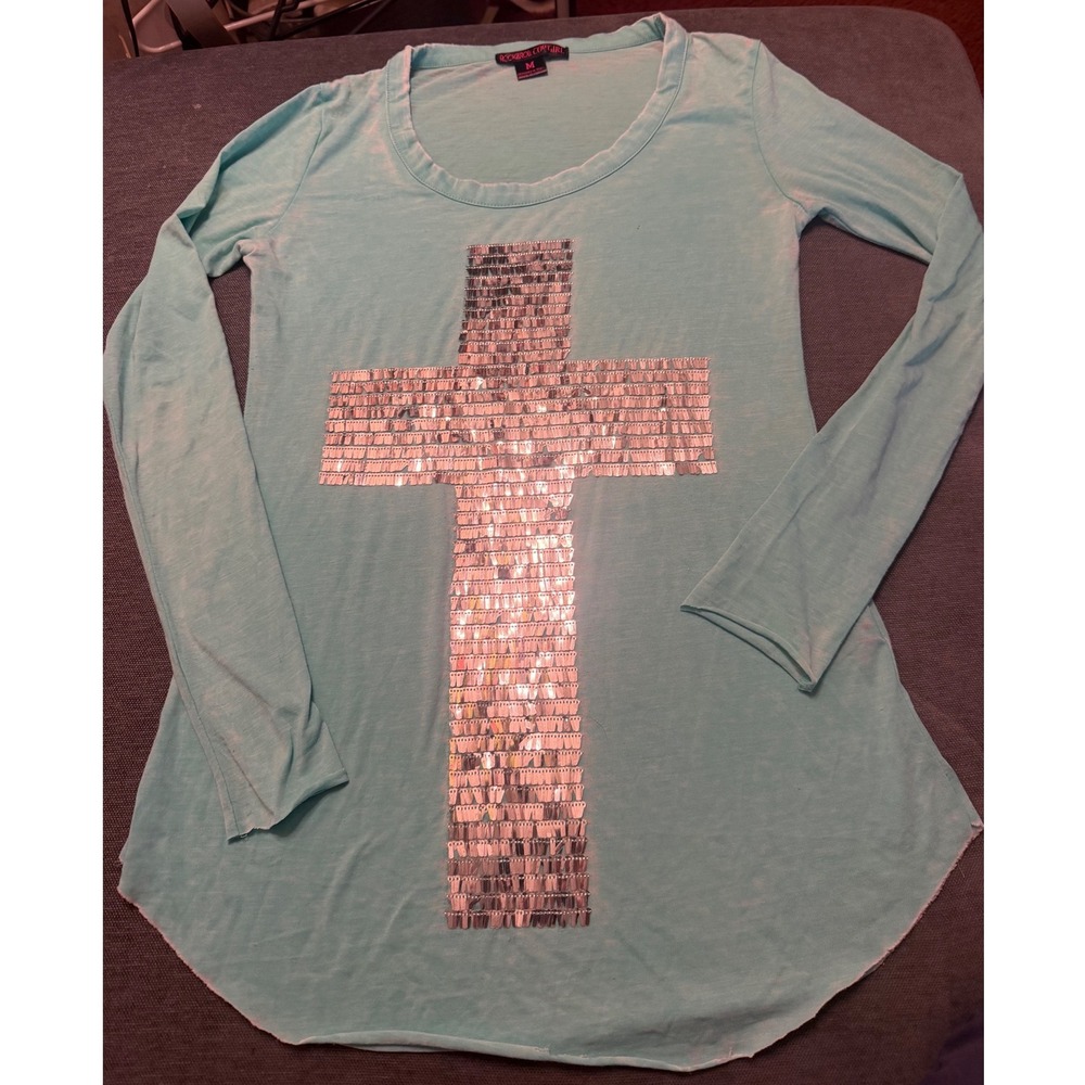 Rock & Roll Cowgirl Turquoise Burnout Sequin Cross Long Sleeve Top Medium